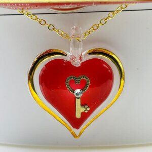 Heart & Key Necklace Handcrafted Red Pendant with Crystals on Gold Chain